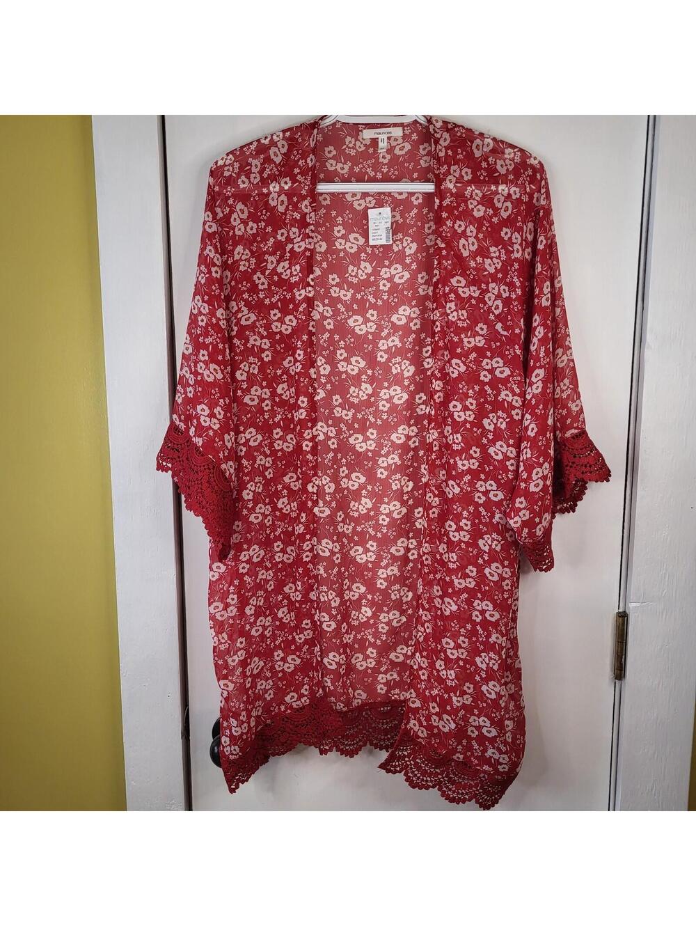 Maurices red and white ditsy floral print open-front kimono women's MEDIUM NWT